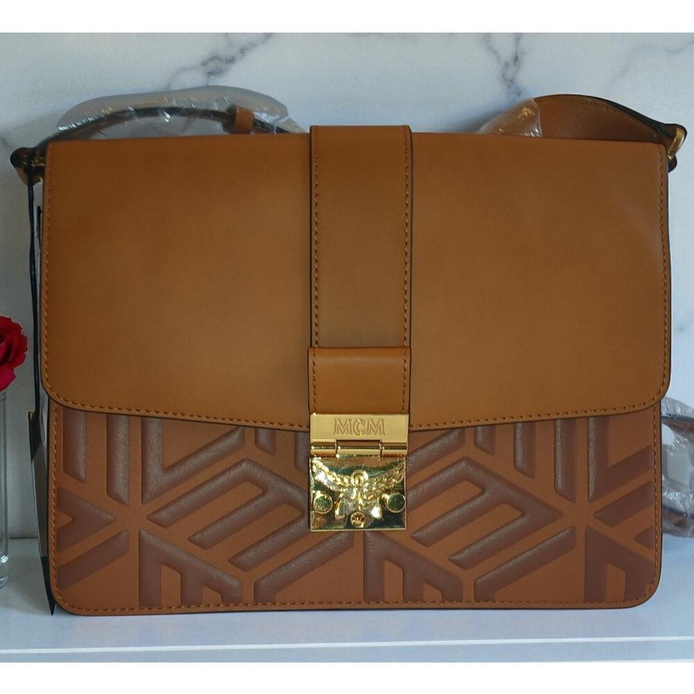 MCM Tracy Shoulder Bag in Cubic Logo Leather Cognac - NWT